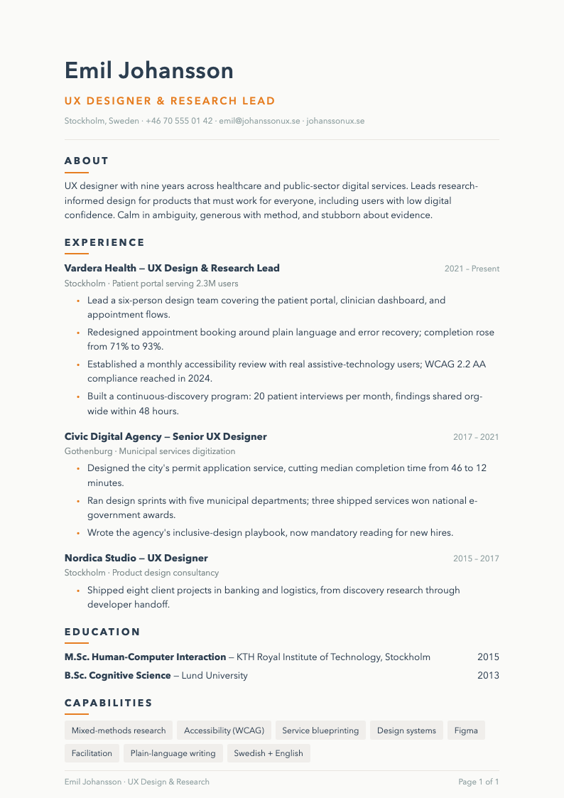 Nordic scandi resume - A warm Nordic Resume template on soft ivory with orange accent ticks and generous spacing, perfect for UX designers and thoughtful product people.